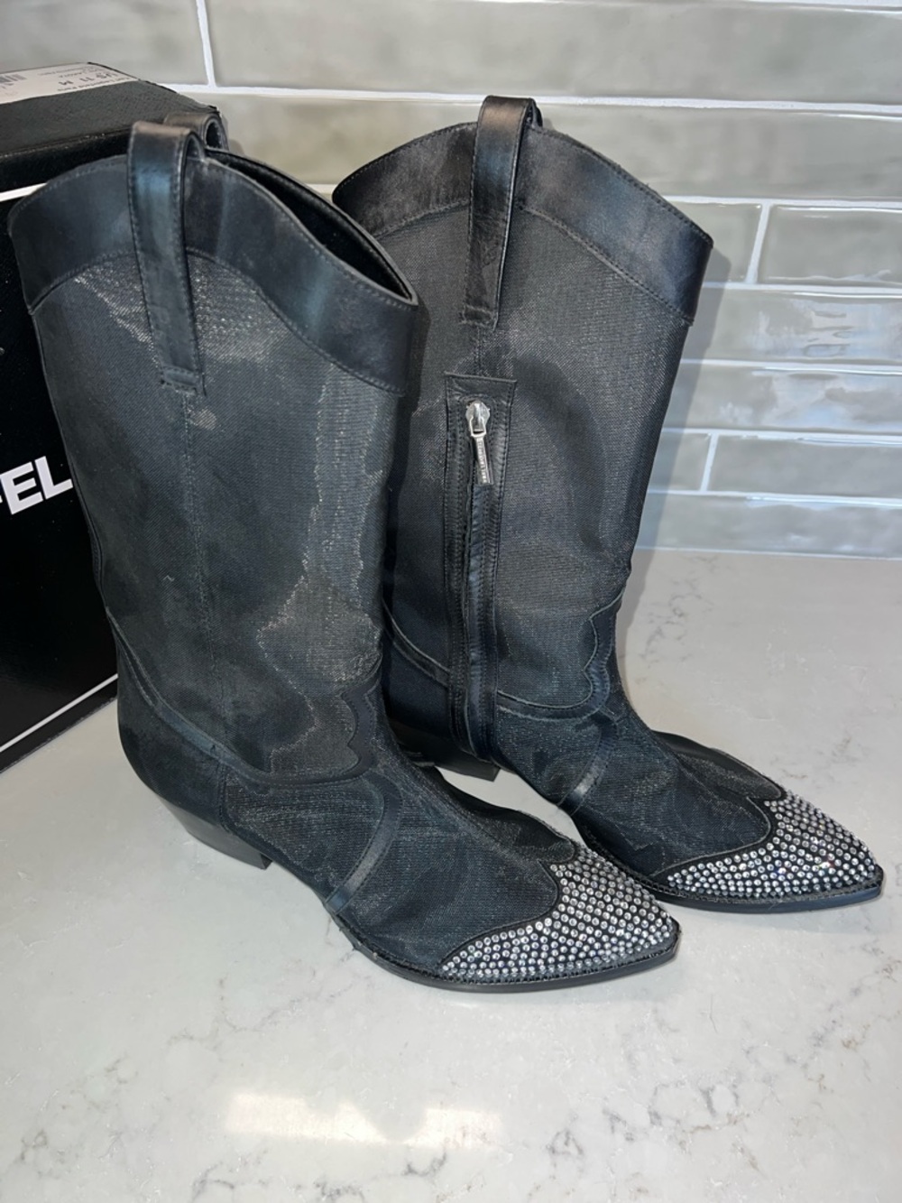 Karl Lagerfeld Lakota Rhinestone Black Mesh Western  Cowboy Boot Studded Toe - Picture 7 of 13